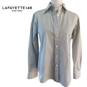 Lafayette 148 New York Black Grey White Check Button up Dress Shirt Small collar